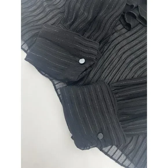 Ralph Lauren Collection Silk Sheer Ruffle Long Sleeve Blouse Collared Black Top - Picture 8 of 12